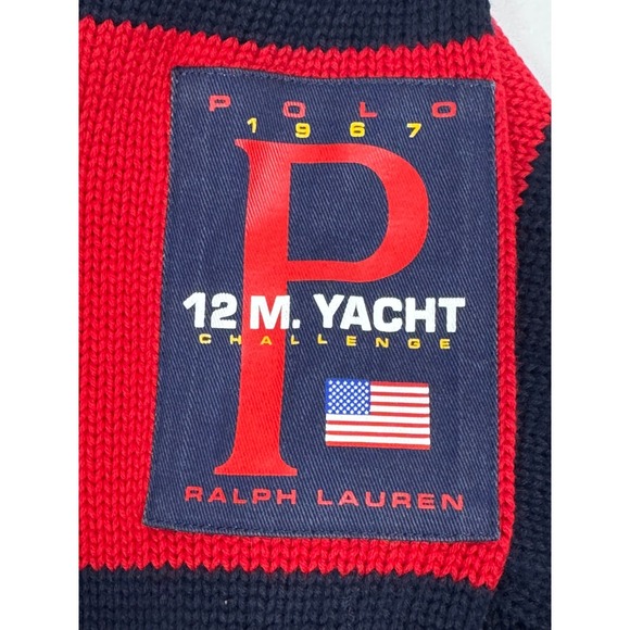 Polo Ralph Lauren 12.M Yacht Challenge Sweater Men XL Navy Red Stripe Shawl Neck - Picture 6 of 16